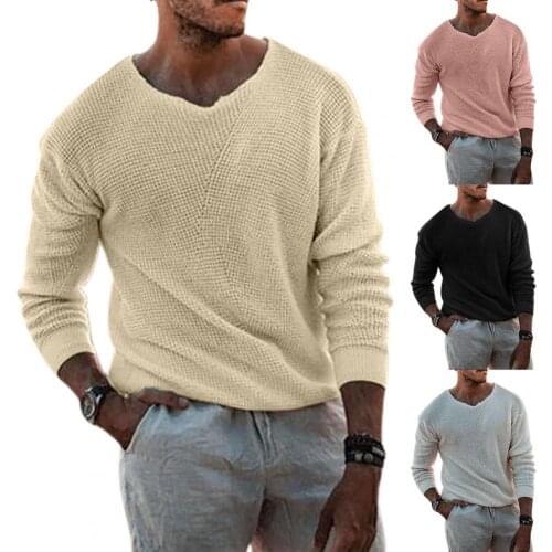 Men Autumn Winter Sweater Long Sleeve Solid Color Breathable V Neck Stretchy Knitted Pullover Sweater Streetwear
