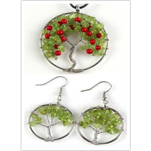KFT Silver Plated Wire Wrap Tree of Life Natural Healing Stone Pendant Olivine Dangle Hook Stone Earrings Jewelry Sets