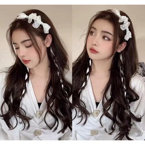 New brand design temperament beautiful girl lace bow headband luxury crystal pearl ribbon tassel headband wedding party