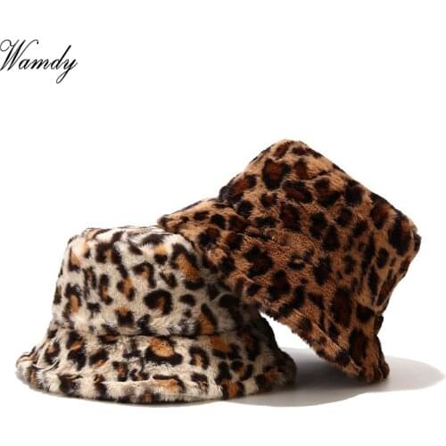Fashion Winter Leopard Faux Fur Bucket Hats For Women Girl Cow Print Plush velvet Warm Panama Black White Fisherman Hats Bob