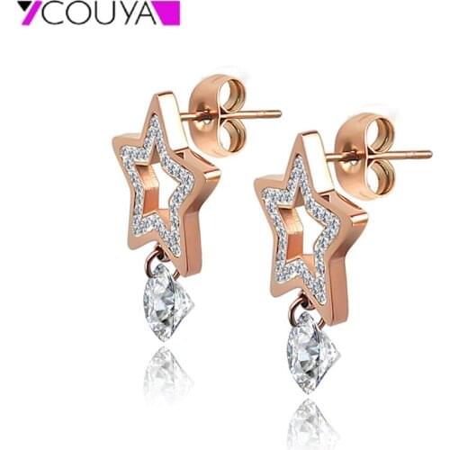 High Polished Shiny Charm Fashion Stainless Steel Star Earrings Rose Gold Zircon Pendant Drop Earrings for Women Jewelry Gift