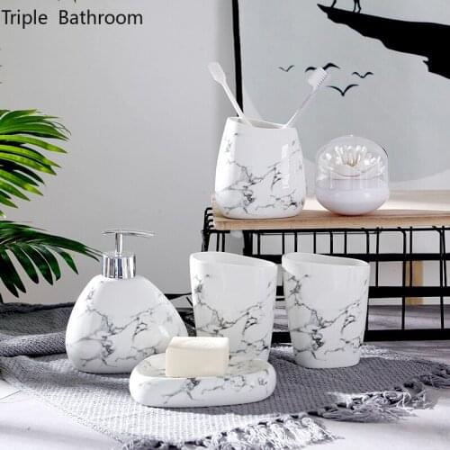 Bathroom Toiletry Set Ceramics Liquid Soap Dispenser Tooth Mug Soap Dish Toothbrush Holder Cotton Swab Box Six Piece Set Gifts
