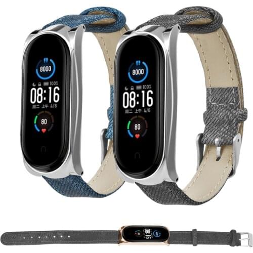 Denim+Leather Wrist Strap For Xiaomi Mi Band 5 4 3 Smart Band Wrist Bracelet For Mi Band 5 4 3 Replacement Watchbands Accessory