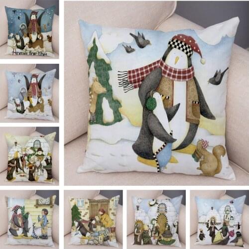 Merry Christmas Cushion Cover Decor Cute Cartoon Penguin Dog Pillow Case Soft Plush Pillowcase for Children Room Sofa 45x45cm