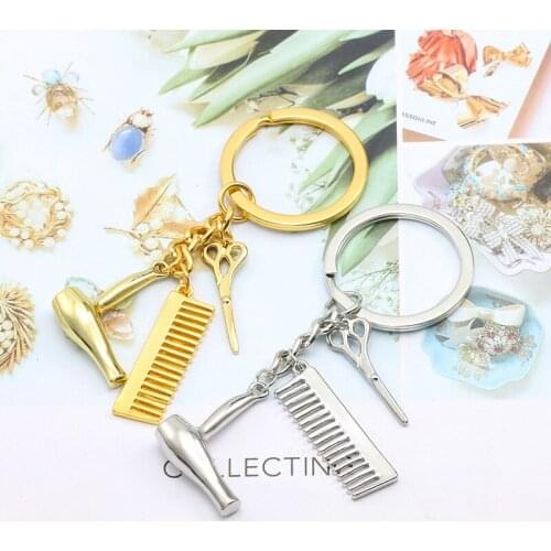 Cosmetologist Hair Dresser Silver Keychain Hair Dryer Scissor Comb Dangle Pendant Key Chain Car Ornament Accessories