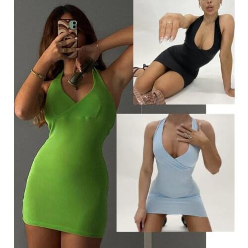 SKMY Summer Solid Color V-Neck High waist Hollow Low-Cut Dress Bodycon Sexy Bag Hip Halter Fairy Party Club Short Sundress Women