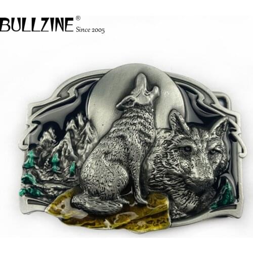 The Bullzine Wolf belt buckle with color enamel with pewter finish FP-02515 suitable for 4cm width belt