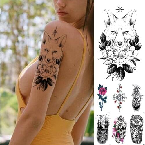 Waterproof Temporary Tattoo Sticker Fox Lion Flash Tattoos Lace Flower Rose Body Art Arm Fake Sleeve Tattoo Women