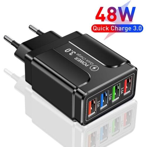 Cargador USB QC3.0 de 48W, carga rápida de pared de 4 puertos, 3,0, 4,0, para iPhone 12, X, Xiaomi, Samsung, teléfono inteligent