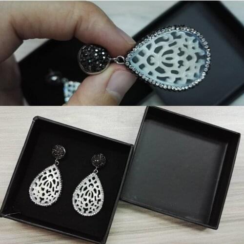 New natural white water drop caving hollow pattern shell shine black rhinestone beads connector charms dangle earring for women