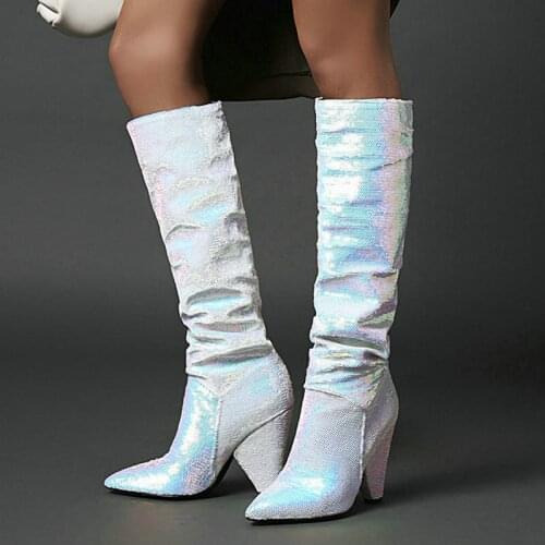 2020 New Winter Women Knee High Boots Fashion Pointed Toe Bling Women Western Boots Pleated Spike High Heel Ladies Shoes