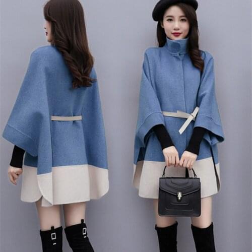 Women Cloak Color-block Wool coat Autumn Winter Jacket coats New Korean Womens Casual Woolen coats Plus size Long Overcoat 3XL