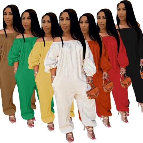 2021 Causal Women Solid Color Jumpsuit Loose Slash Neck Off Shoulder Pulf Sleeve Party Night Streetwear Long Romper Women Outfit
