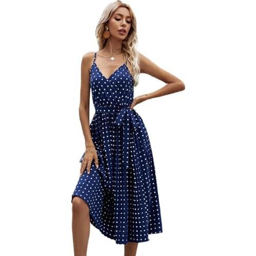New European and American skirt 2021 summer wave point V-neck sling Pleated Dress for women