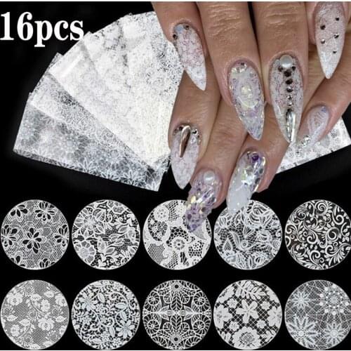 16pcs 3D Black White Lace Starry Flower Design Nail Art Manicure Tips Nail Sticker designer Nail Art Decal DIY Nail Decoration