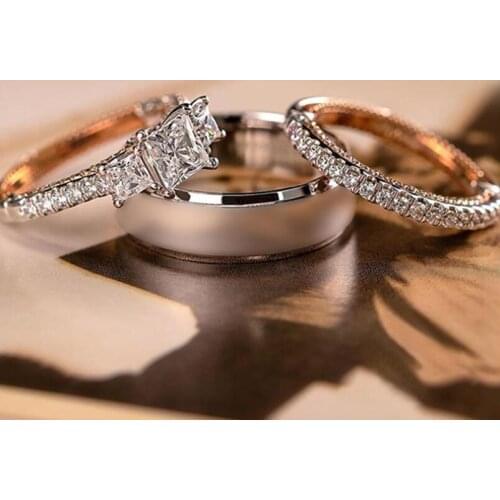 3PCS Vintage Fine Jewelry 925 Silver&Rose Gold Fill Three Stone Princess Cut White Topaz CZ Diamond Women Wedding Bridal Ring