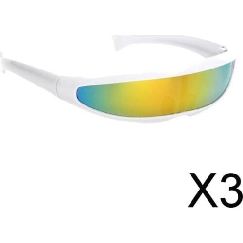 3xFuturistic Narrow Lens Visor Eyewear Sunglasses White Frame Yellow Mirrored