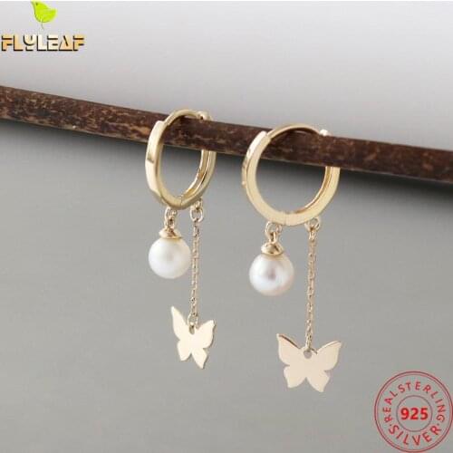925 Sterling Silver Shell Fake Pearl Butterfly Hoop Earrings For Women Shell Fake Pearl Butterfly 2021 New Trend