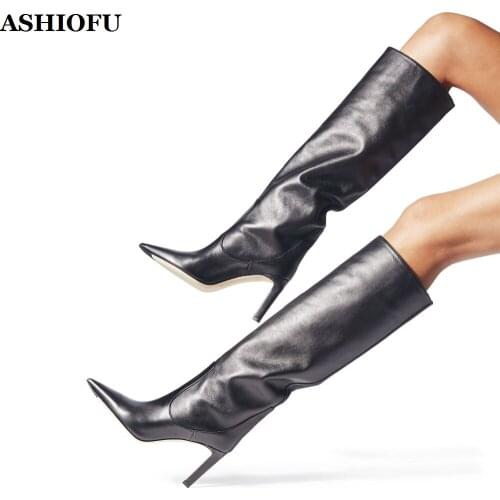 ASHIOFU Handmade Classic Womens High Heel Boots Shinny Black Faux Leather Party Knee High Boots Sexy Evening Winter Boots Shoes