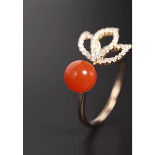 DAIMI 7-8mm Persimmon Red South Agate Ring Natural Gemstones Genuine 925 Sterling Silver Open Ring Gift