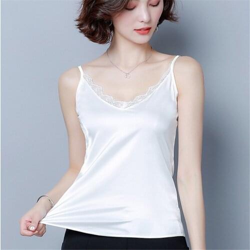 Womens Satin Silk Tank Top Ladies Lace V-Neck Camisole Tanks Loose Sleeveless Sexy Blouse Daily Office Basic Camis Crop Tops