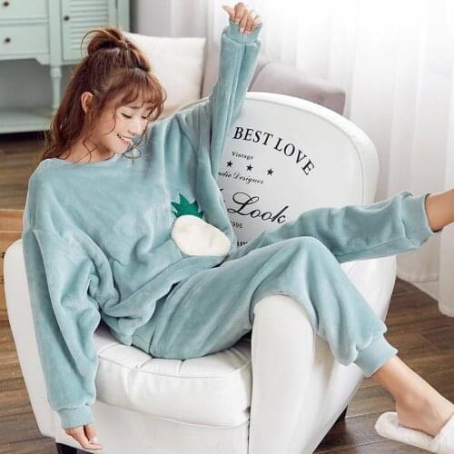 Flannel Winter Pajamas Set Womens Sleepwear Warm Sexy Cartoon Homewear Big Size 2Piece/Suit Long Sleeve Shirt Pant Lingerie