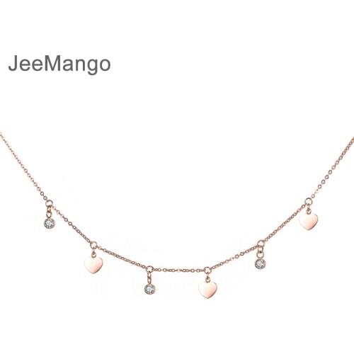 JeeMango Stainless Steel Choker Necklace Heart & Zircon Charms Rose Gold Color Charm Necklaces Jewelry Gift For Women N18275