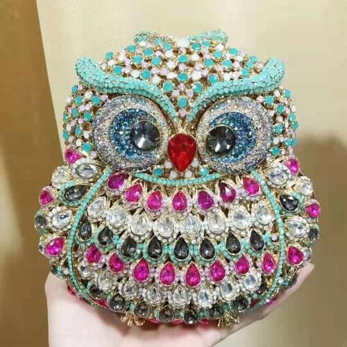 Owl Shape Cute Diamond Colorful Pink Gold Black Womens Bridal Wedding Clutch Evening Bag Female Rhinestone Party Handbag Purse