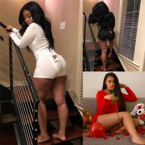 Sexy Women Stretch Button Deep V Neck Bodycon Lingerie Long Sleeve Pattern Print Sleepwear Jumpsuit Leotard Bodysuit Underwear