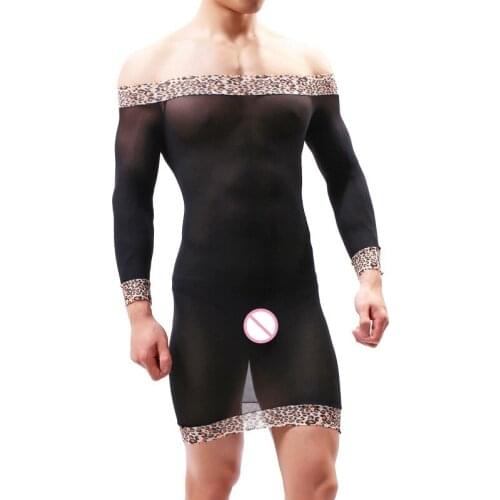 Leopard Costume Outfit body suit Sleeve mesh Mae Lingerie Bodystocking hot Shirt Man Cross Dress Sexy Fetish Shirt Passionate