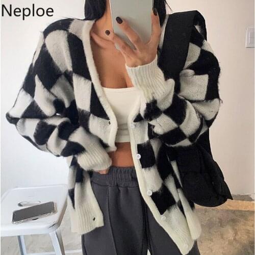 Neploe Fashion Plaid Cardigan Women Oversized Outwear 2021 Fall Clothing Sueter Mujer Korean Loose Casual Knitted Sweater Tops