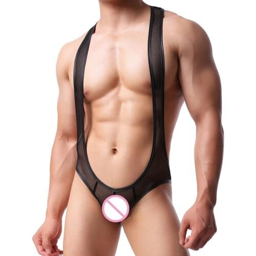 Men Bodysuits PU Leather Mesh Transparent Erotic Jumpsuits One Piece Sexy Gay Open Butt Jockstrap Wrestling Singlets Undershirts