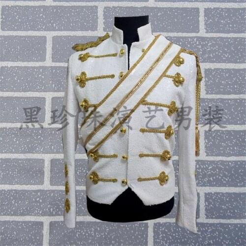 Mens full white sequins sewing golden embroidery event/stage performance/dance/singing tuxedo jacket