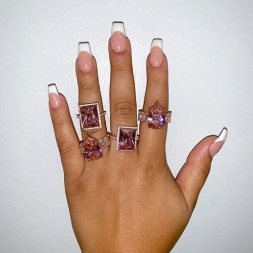 2021 New Arrive Rose Gold Color Big Pink Pinky Square Cz Stone Band Rings For Women Girl Full Size Fashion Jewelry Party Gifts