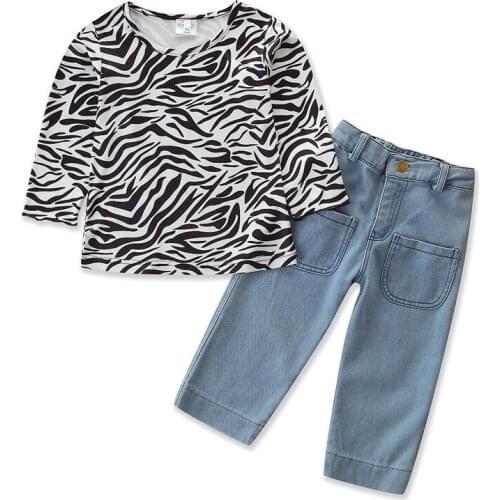 Baby Clothes Toddler Girl Clothes Girl Outfits Fashion Set Boutique Kids Clothing Zebra Striped Top T-shirt Jeans Two Piece Suit