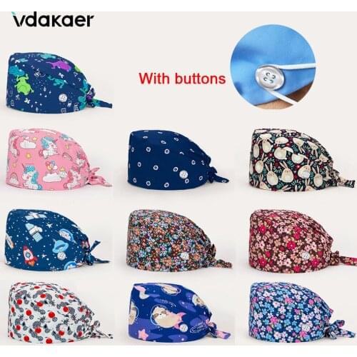Wholesale women&men scrubs cap Cartoon cute printing dust cap frosted cap adjustable laboratory work hat cotton pet work cap