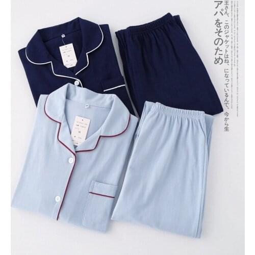 Matching Couples 100% Cotton Pajamas Women Pajamas Set Simple Style Full Sleeve Long Button Shirt Pants Casual Man Homewear