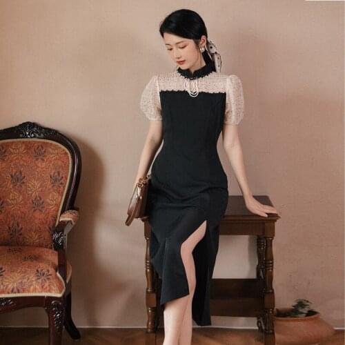 Hepburn Style Black Retro French Dress Summer Lace Mesh Polka Dot Elegant Puff Sleeve Temperament Split Dress With Brooch