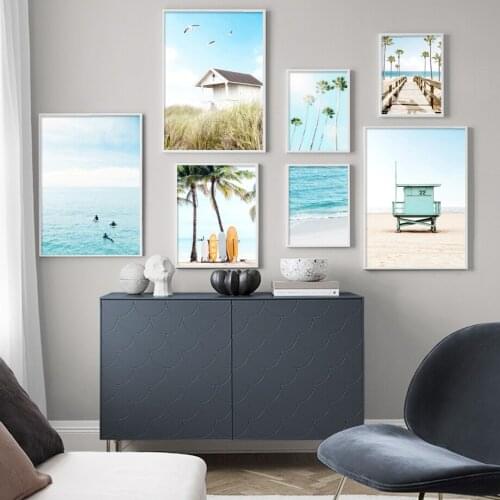 Nordic Poster Surfboard Beach Ocean House Tree Wall Art Canvas Painting Posters And Prints Wall Pictures For Living Room Decor