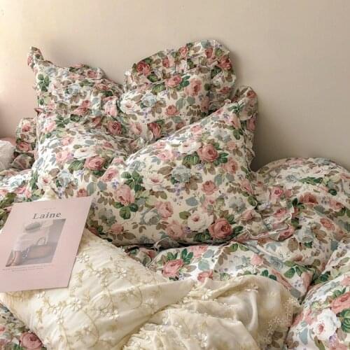 Vintage Comforter Bedding Set Lace Floral Printed Bed Sheet Duvet Cover Set Cotton Bedspread Pillowcase King Queen Size 4Pcs