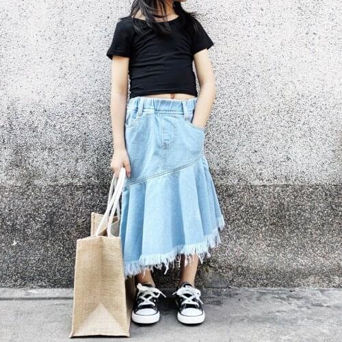 Summer girl fashion skirt light blue irregular fringed denim skirt childrens mid-length toddler cotton trendy party clothing