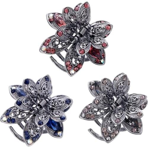 Flower Rhinestones Hair Claws For Women Girls Hairpin Clips 3 Colors Barrette Headwear Wedding Hair Accessories Jewelry Gift
