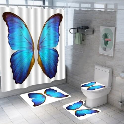 Butterfly 3D Print Shower Curtain Set Waterproof Washable Polyester Bath Curtain Anti-slip Rugs Toilet Lid Cover Bath Mat Set