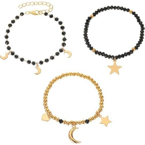 2021 Women Fashion Elegant Bracelets 3Pcs/Set Women Handmade Moons Stars Heart Pendant Resin Black Beads Bracelets for Dating