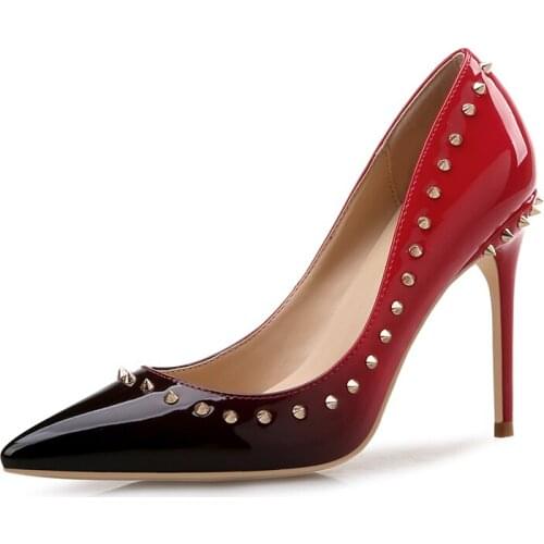Free shipping fashion women Pumps brand new Casual Designer nude patent leather studde spikes point toe high heels shoes