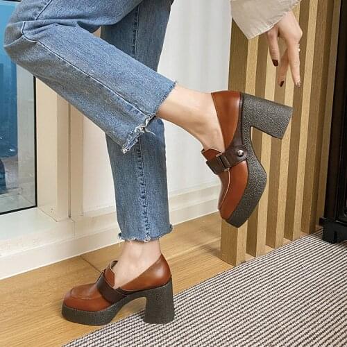 Osunlina Woman Platform Pumps Square Toe Brown Cow Leather Retro Comfortable High Heels Handmade Slip On Shoes Lady 2021 New