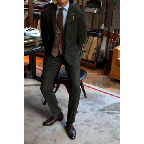 2017 Latest Coat Pant Designs Green Tweed Men Suit Groom Tuxedo Slim Fit 2 Piece Custom Style Suits Prom Blazer Terno Masculino