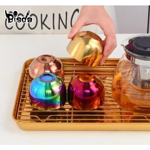 4/8PCS Tea Cup Stainliess steel Tea Cup Sets With Tray And Removable Holder Gold Mug Double Layer Anti-Scalding Cups Teaware