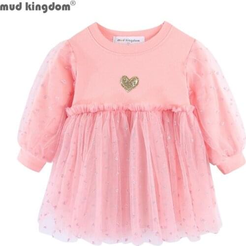 Mudkingdom Sparkle Heart Sweatshirt Dress for Toddler Girl Tulle Sleeve Dresses Fluffy Kids Clothes Girls Spring Autumn Wear