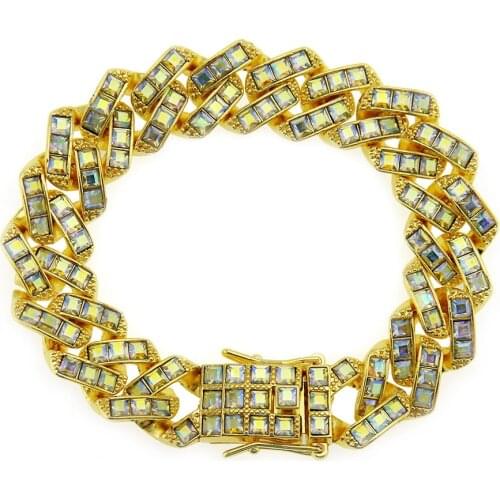 Iced Out Hip hop Rainbow Cuban Link bracelet Copper Material Gold Silver Color Chain Bracelet women men 20cm*14mm